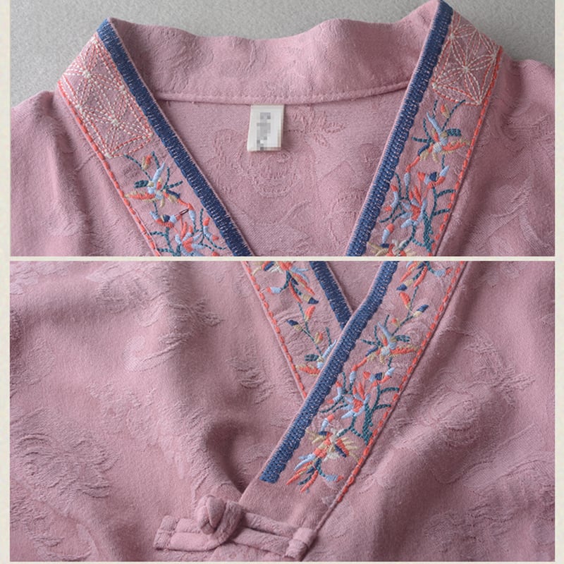 【清裊シリーズ】チャイナ風刺繍シャツ 長袖 Vネック レディース 4色展開 シャツアウター