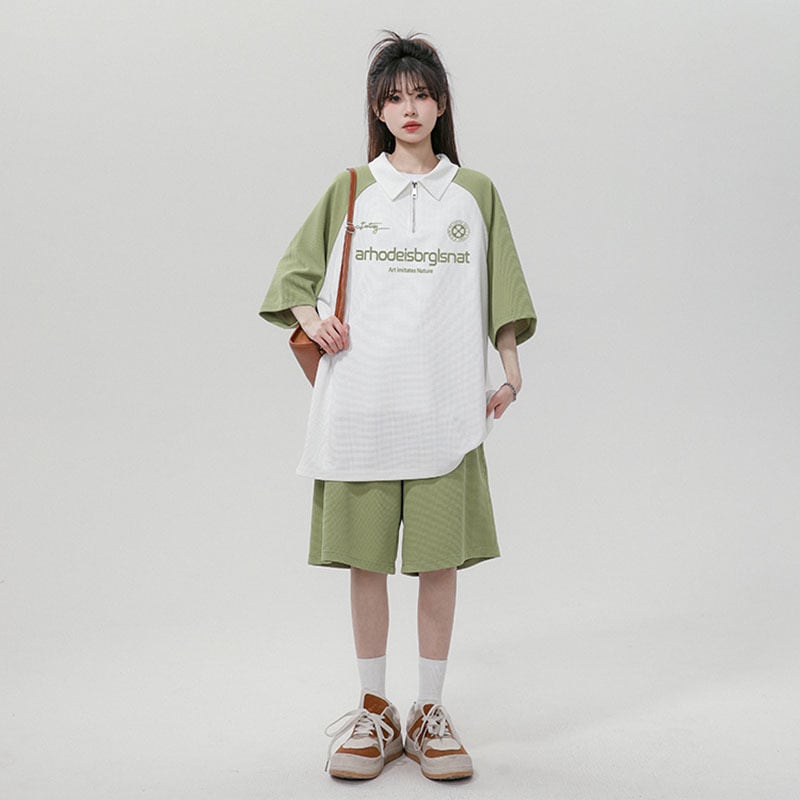 【藤伊曼シリーズ】★セットアップ★ 4色 POLOシャツ + 短パン 男女兼用 メンズ 大きいサイズ 配色 可愛い