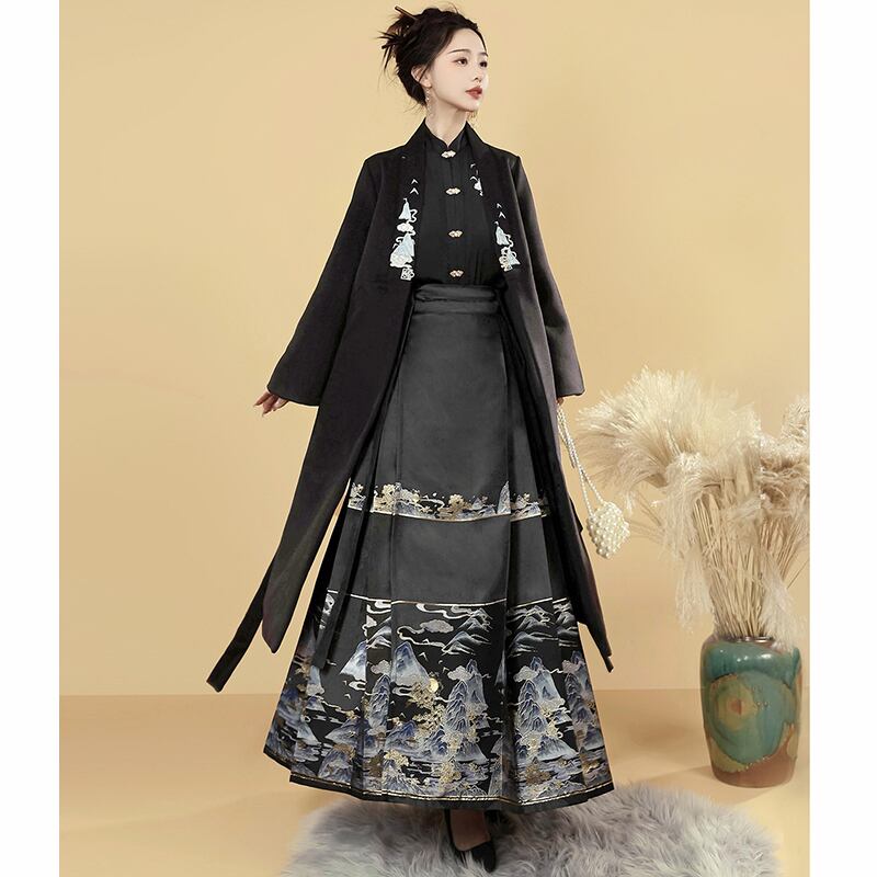 【喚初---明月松間照シリーズ】チャイナ風トップス 長袖 半袖 刺繍 中華服 シャツ 可愛い ブラック 黒色