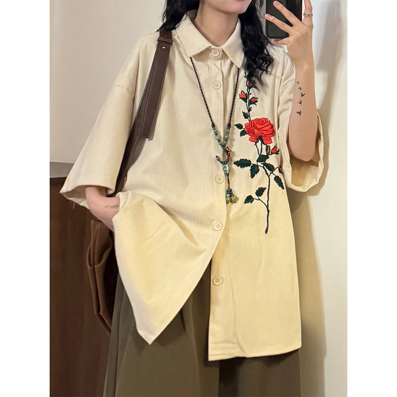 【UATONLINEシリーズ】チャイナ風 シャツ 半袖 男女兼用 コーデュロイ 薔薇柄