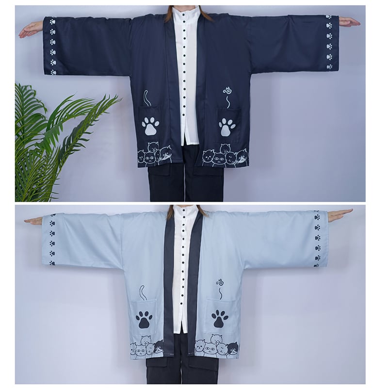 【倉寶兒屋シリーズ】チャイナ風法被 猫柄プリント 夏服 薄手 ブラック ライトグレー 2色