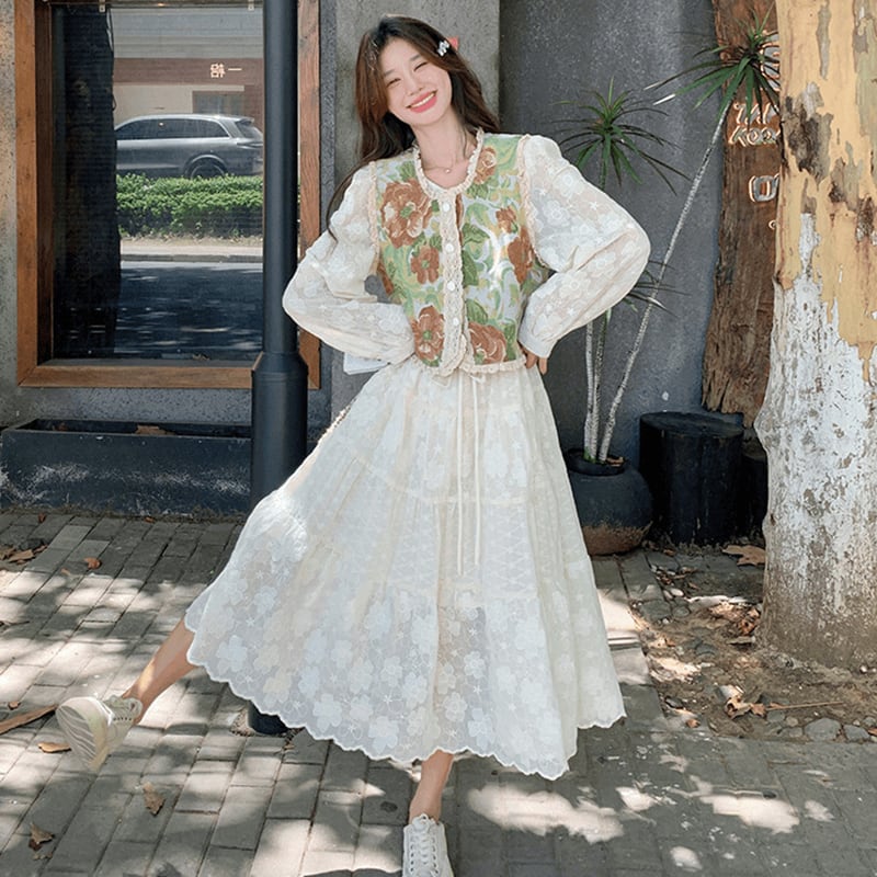 【MOBAIシリーズ】チャイナ風ワンピース 2点セット ワンピース&ベスト 花柄 レディース デート用 可愛い