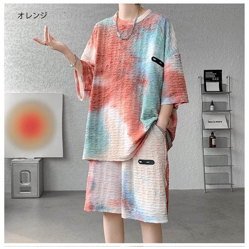 【ZHUIYIシリーズ】セットアップ Tシャツ 短パン 3色 男女兼用 大きいサイズ 絞り染め カジュアル