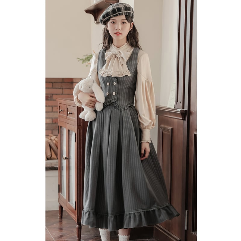 【南陌森シリーズ】リボン付き長袖シャツ トップス 可愛い 気質アップ アプリコット S M L XL
