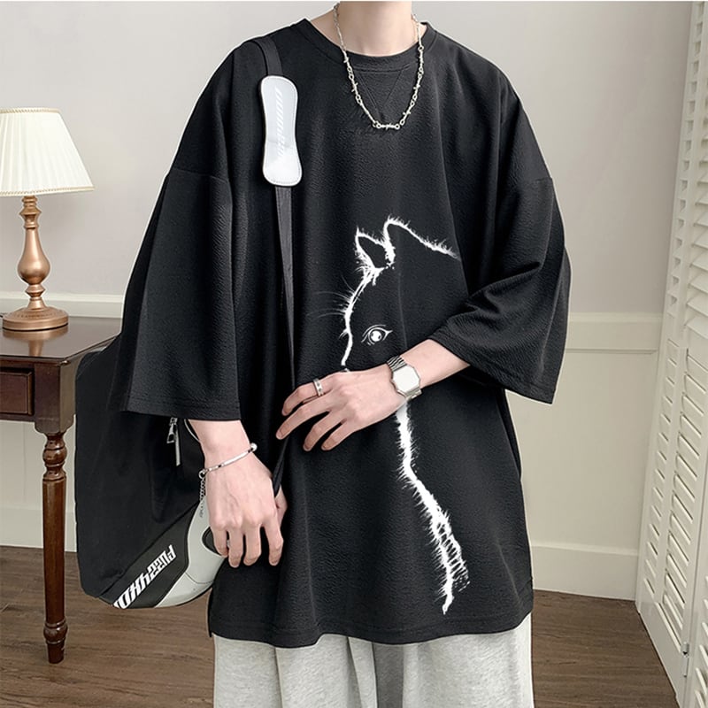 【CEXUシリーズ】3色展開 七分袖 Tシャツ 男女兼用 大きいサイズ 猫柄 黒 白 青