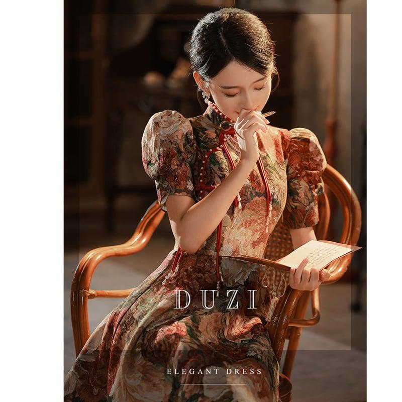 【DUZIシリーズ】★エレガントなチャイナスタイル ドレス★ 華やかな花柄 パーティー用フォーマルドレス 成人式や記念撮影に最適 ChinChic