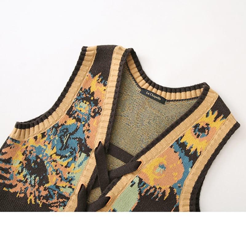 【LIANLISTUDIOシリーズ】★油絵風 イエローひまわり花柄 可愛い ニットベスト S M L★ ChinChic