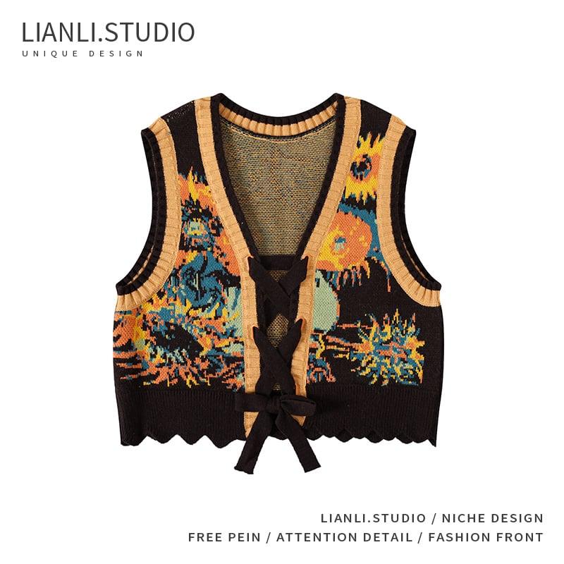 【LIANLISTUDIOシリーズ】★油絵風 イエローひまわり花柄 可愛い ニットベスト S M L★ ChinChic