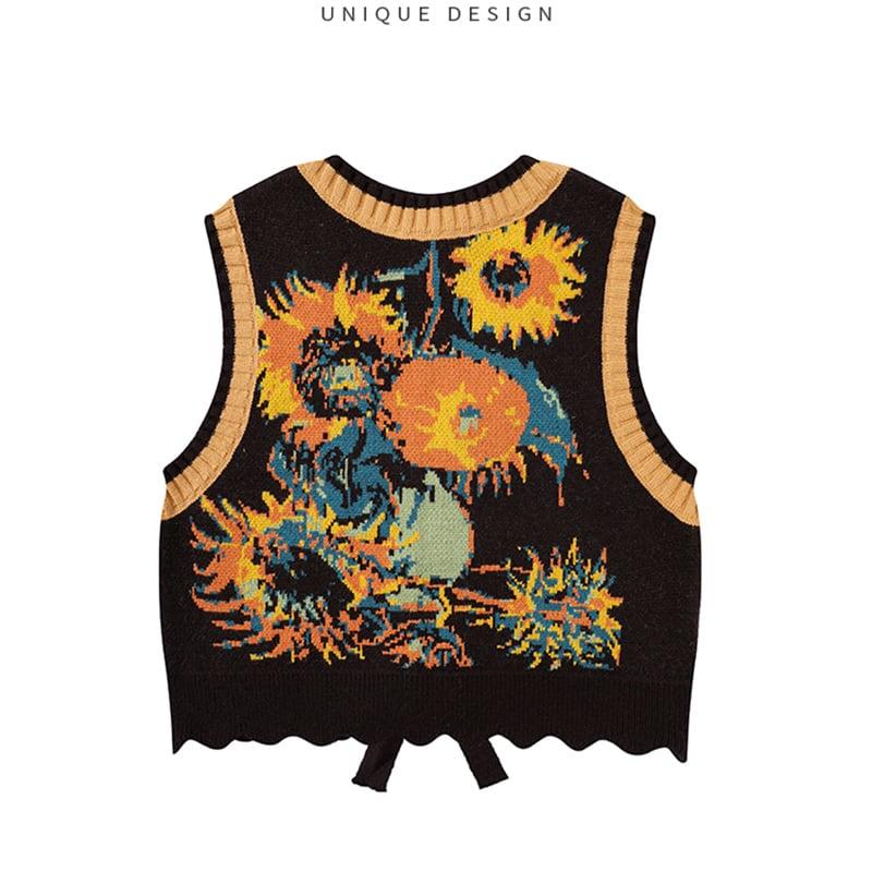 【LIANLISTUDIOシリーズ】★油絵風 イエローひまわり花柄 可愛い ニットベスト S M L★ ChinChic