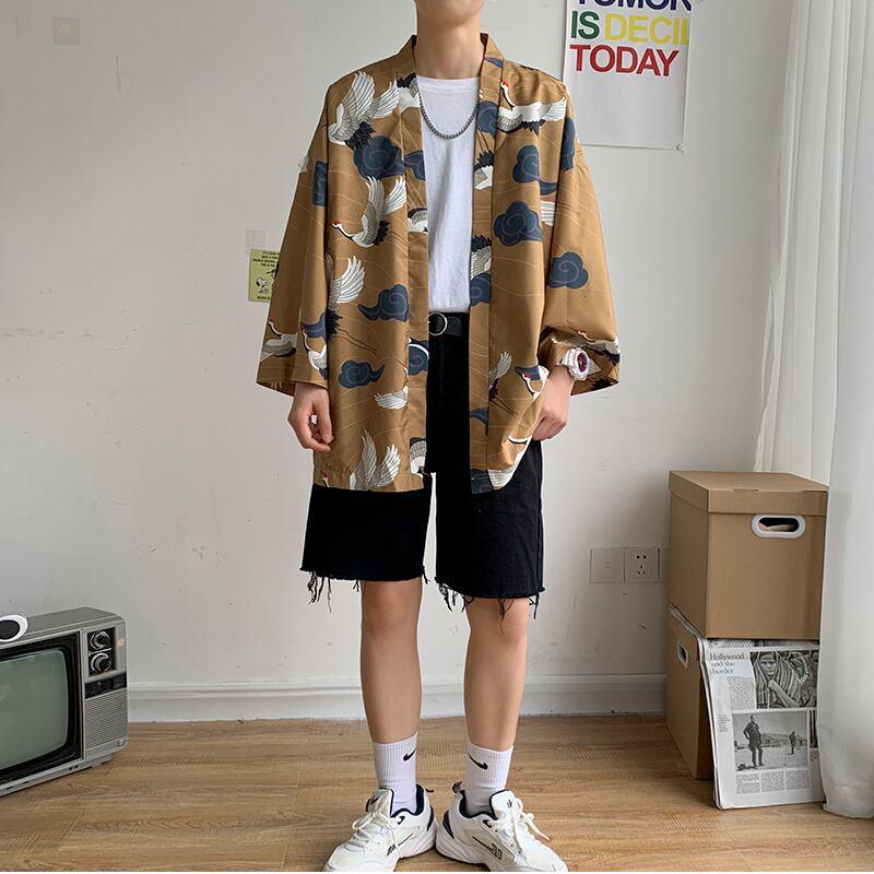 【PINZHIシリーズ】★ 鶴柄 法被 ★ 大きい イエロー メンズ レディース 男女兼用 薄手 サイズ 涼しい 花火大会 お祭り 2色 ChinChic