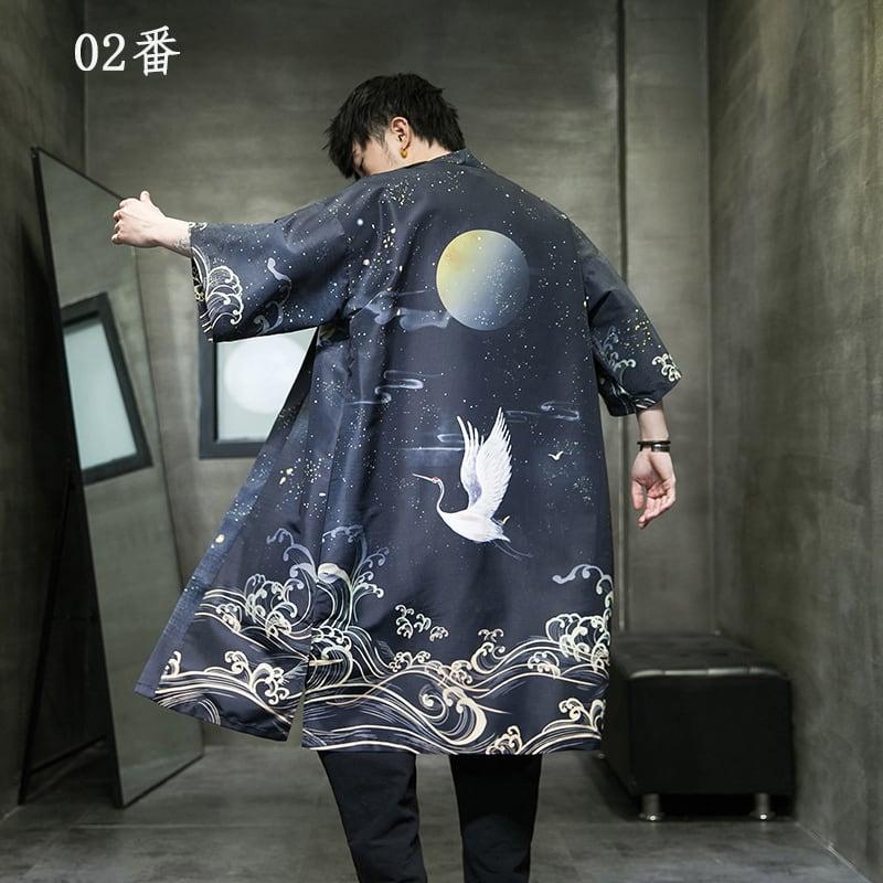 【PINZHIシリーズ】★チャイナ風の鶴柄法被★ トップス 2色展開 男女兼用 メンズ向け 大きいサイズ 薄手 着物デート用 花火大会 ChinChic