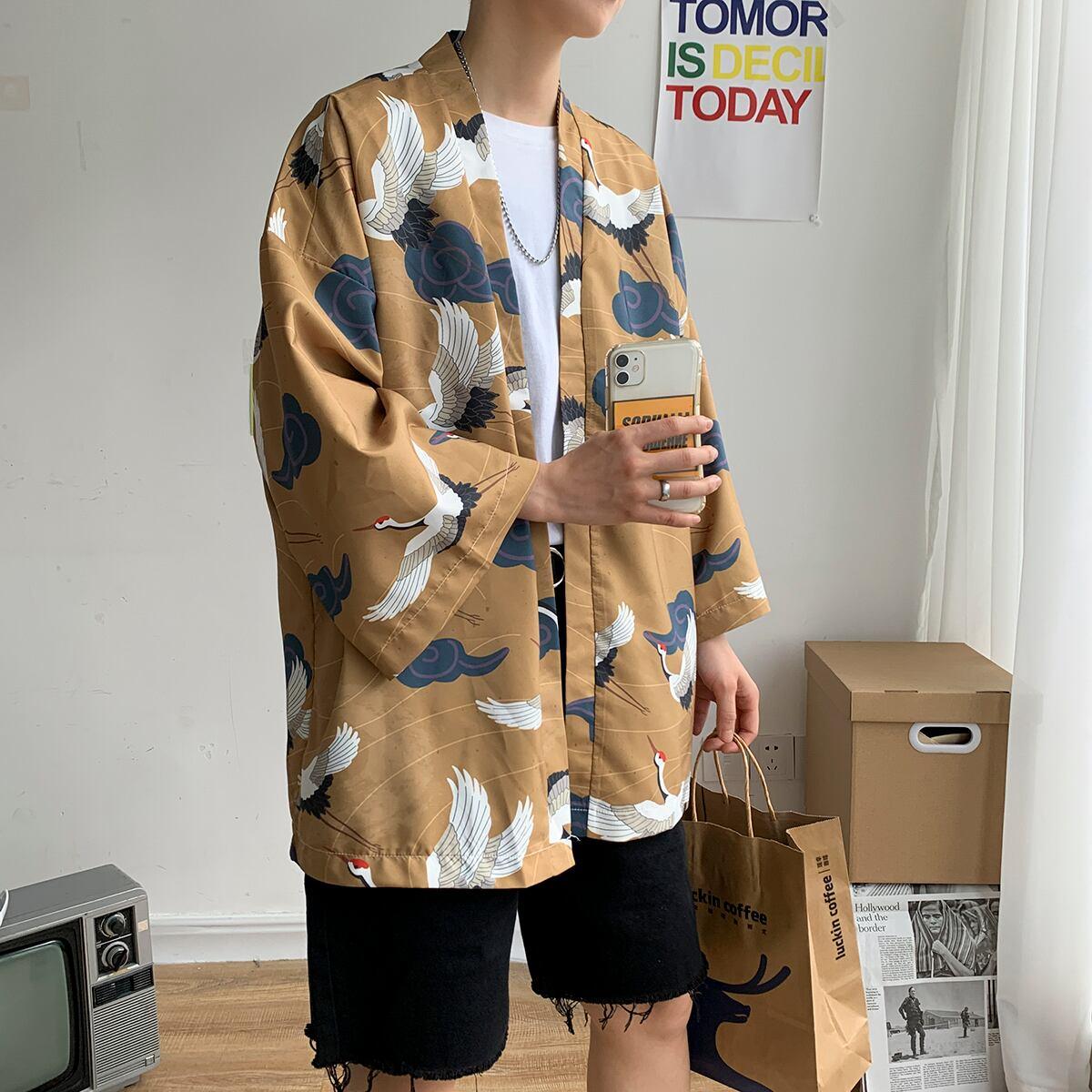 【PINZHIシリーズ】★ 鶴柄 法被 ★ 大きい イエロー メンズ レディース 男女兼用 薄手 サイズ 涼しい 花火大会 お祭り 2色 ChinChic