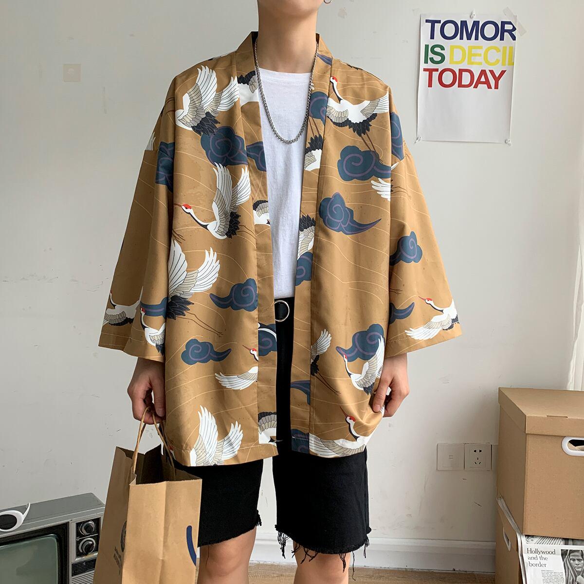 【PINZHIシリーズ】★ 鶴柄 法被 ★ 大きい イエロー メンズ レディース 男女兼用 薄手 サイズ 涼しい 花火大会 お祭り 2色 ChinChic