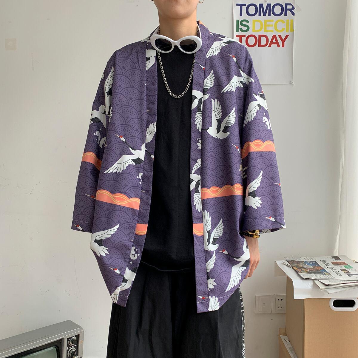 【PINZHIシリーズ】★ 鶴柄 法被 ★ 大きい イエロー メンズ レディース 男女兼用 薄手 サイズ 涼しい 花火大会 お祭り 2色 ChinChic