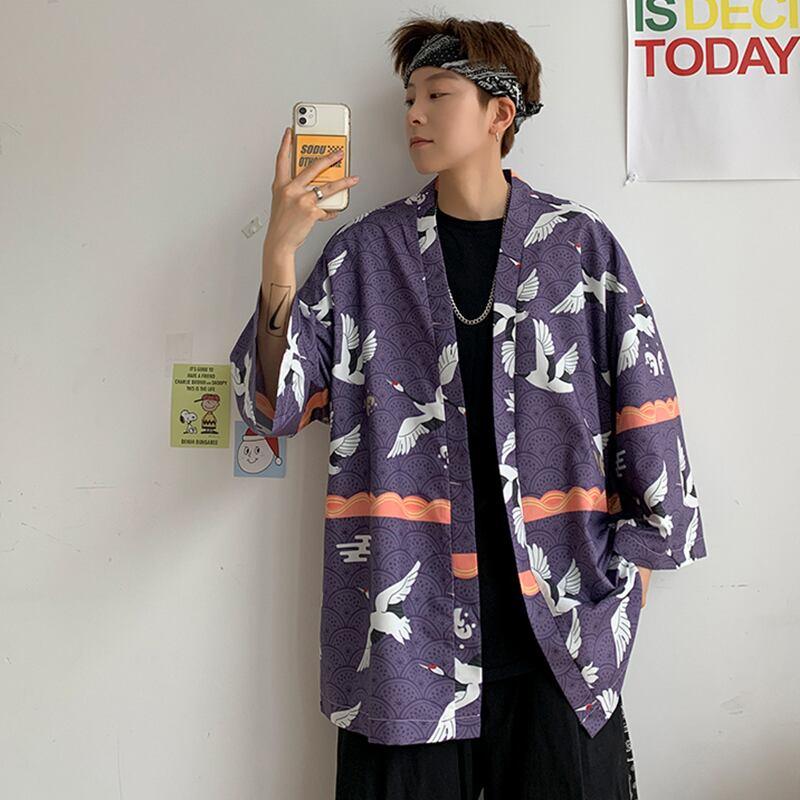 【PINZHIシリーズ】★ 鶴柄 法被 ★ 大きい イエロー メンズ レディース 男女兼用 薄手 サイズ 涼しい 花火大会 お祭り 2色 ChinChic