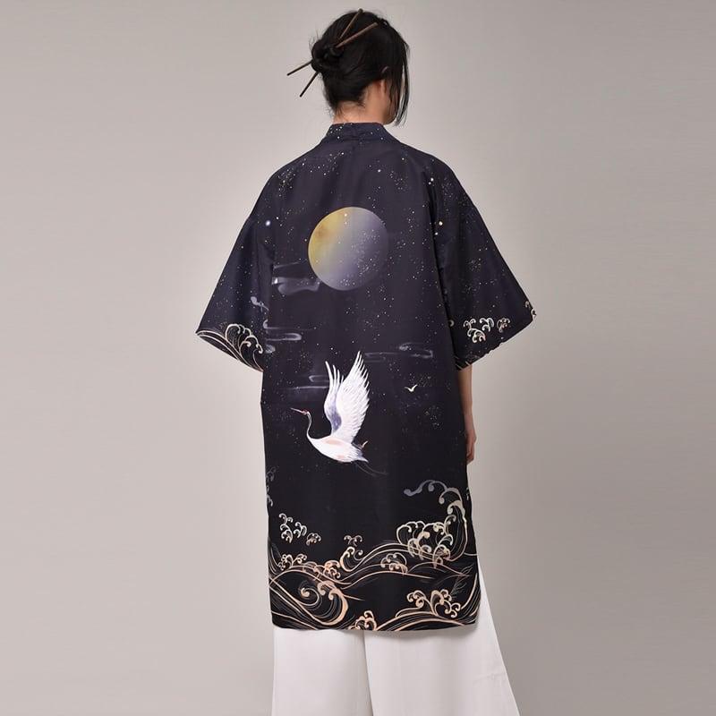 【PINZHIシリーズ】★チャイナ風の鶴柄法被★ トップス 2色展開 男女兼用 メンズ向け 大きいサイズ 薄手 着物デート用 花火大会 ChinChic
