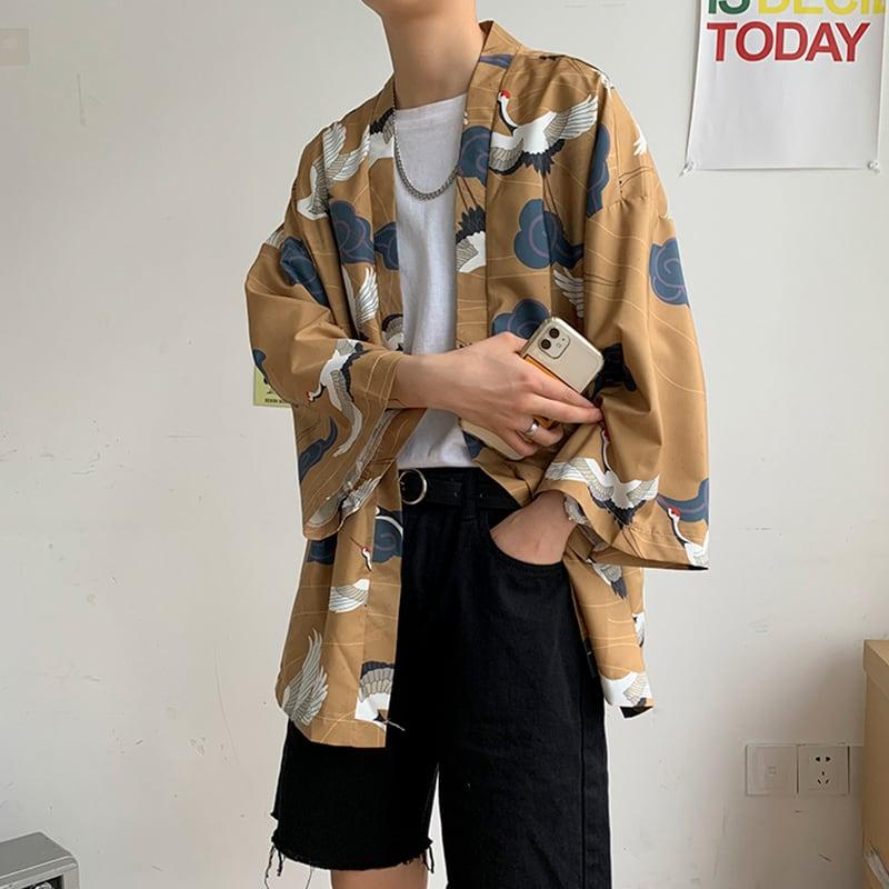 【PINZHIシリーズ】★ 鶴柄 法被 ★ 大きい イエロー メンズ レディース 男女兼用 薄手 サイズ 涼しい 花火大会 お祭り 2色 ChinChic