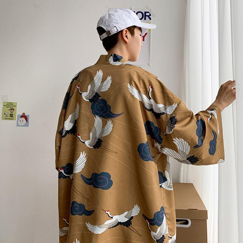 【PINZHIシリーズ】★ 鶴柄 法被 ★ 大きい イエロー メンズ レディース 男女兼用 薄手 サイズ 涼しい 花火大会 お祭り 2色 ChinChic