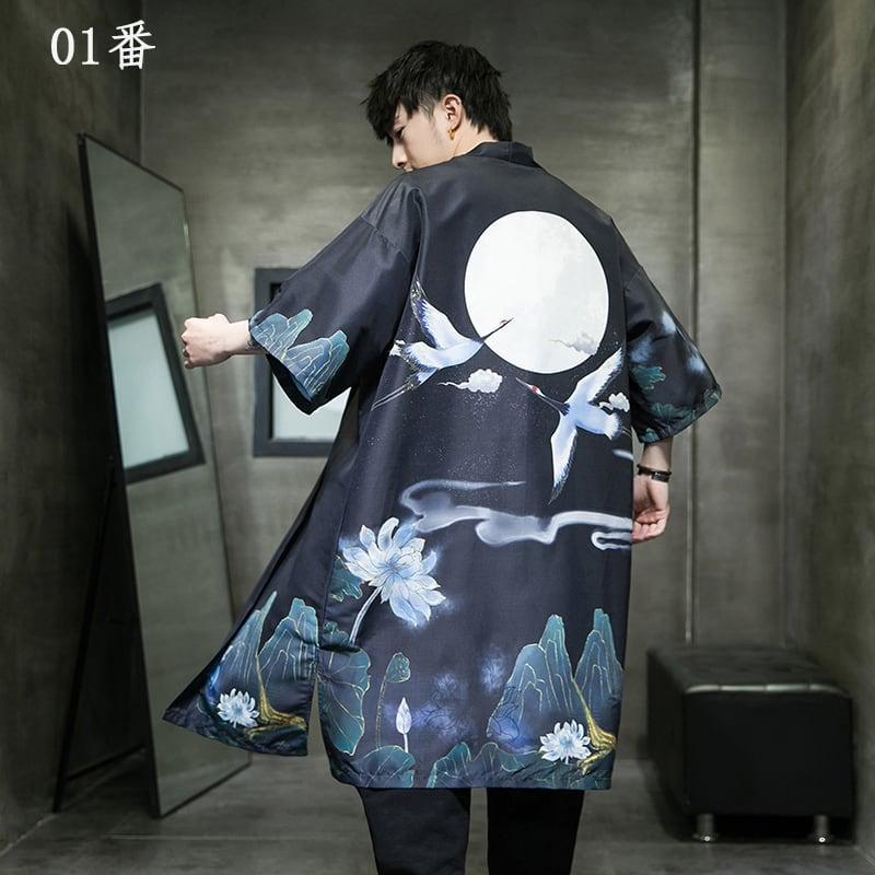 【PINZHIシリーズ】★チャイナ風の鶴柄法被★ トップス 2色展開 男女兼用 メンズ向け 大きいサイズ 薄手 着物デート用 花火大会 ChinChic