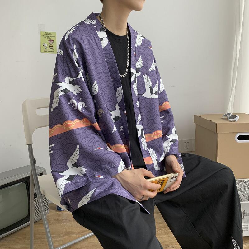 【PINZHIシリーズ】★ 鶴柄 法被 ★ 大きい イエロー メンズ レディース 男女兼用 薄手 サイズ 涼しい 花火大会 お祭り 2色 ChinChic