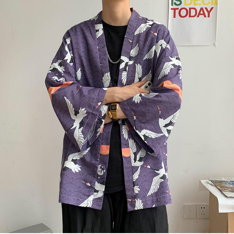 【PINZHIシリーズ】★ 鶴柄 法被 ★ 大きい イエロー メンズ レディース 男女兼用 薄手 サイズ 涼しい 花火大会 お祭り 2色 ChinChic