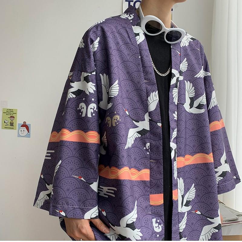 【PINZHIシリーズ】★ 鶴柄 法被 ★ 大きい イエロー メンズ レディース 男女兼用 薄手 サイズ 涼しい 花火大会 お祭り 2色 ChinChic
