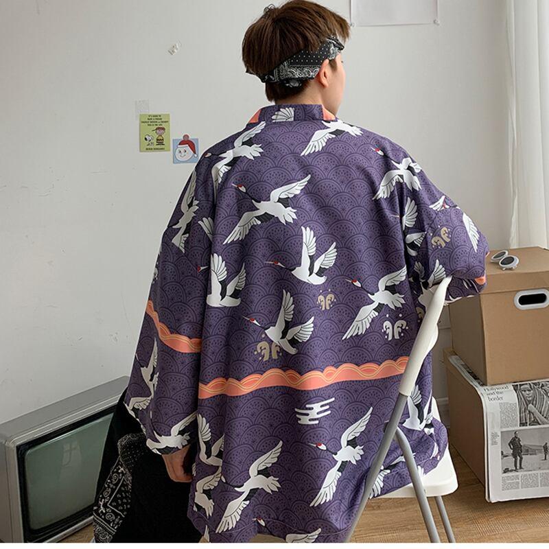 【PINZHIシリーズ】★ 鶴柄 法被 ★ 大きい イエロー メンズ レディース 男女兼用 薄手 サイズ 涼しい 花火大会 お祭り 2色 ChinChic