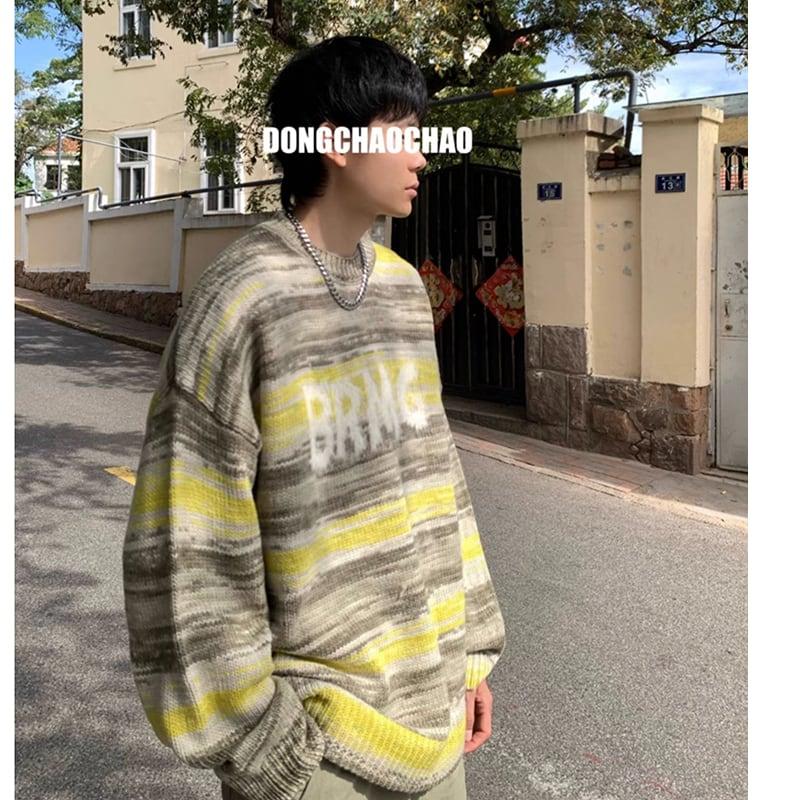 【TUOFEIシリーズ】★男女兼用の油絵風 3色ストライプニットセーター★ ChinChic