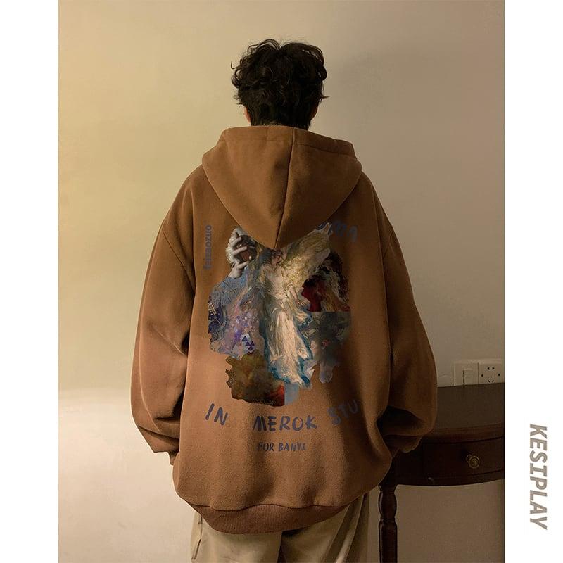 【YOULINシリーズ】★男女兼用★油絵風★裏起毛★5色展開★カジュアル★大きいサイズ★パーカー★ ChinChic