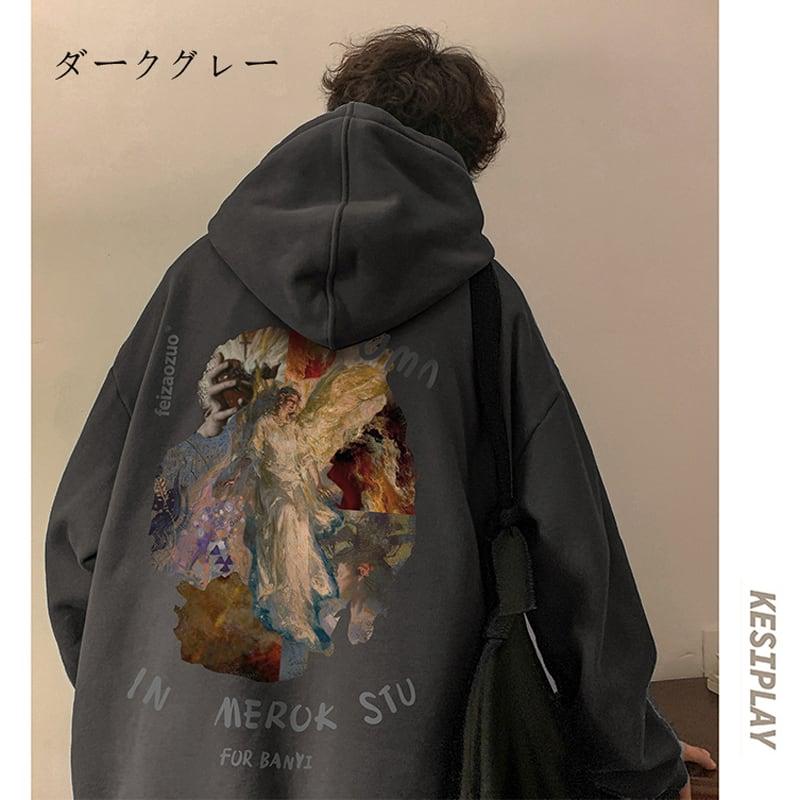 【YOULINシリーズ】★男女兼用★油絵風★裏起毛★5色展開★カジュアル★大きいサイズ★パーカー★ ChinChic