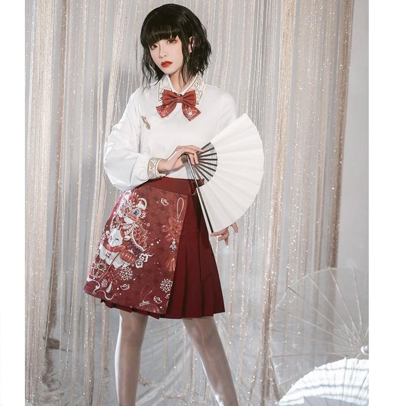 【卿棠シリーズ】★チャイナ風スカート★ ミニスカート プリント Aライン 可愛い レッド 赤い 着痩せ - ChinChic