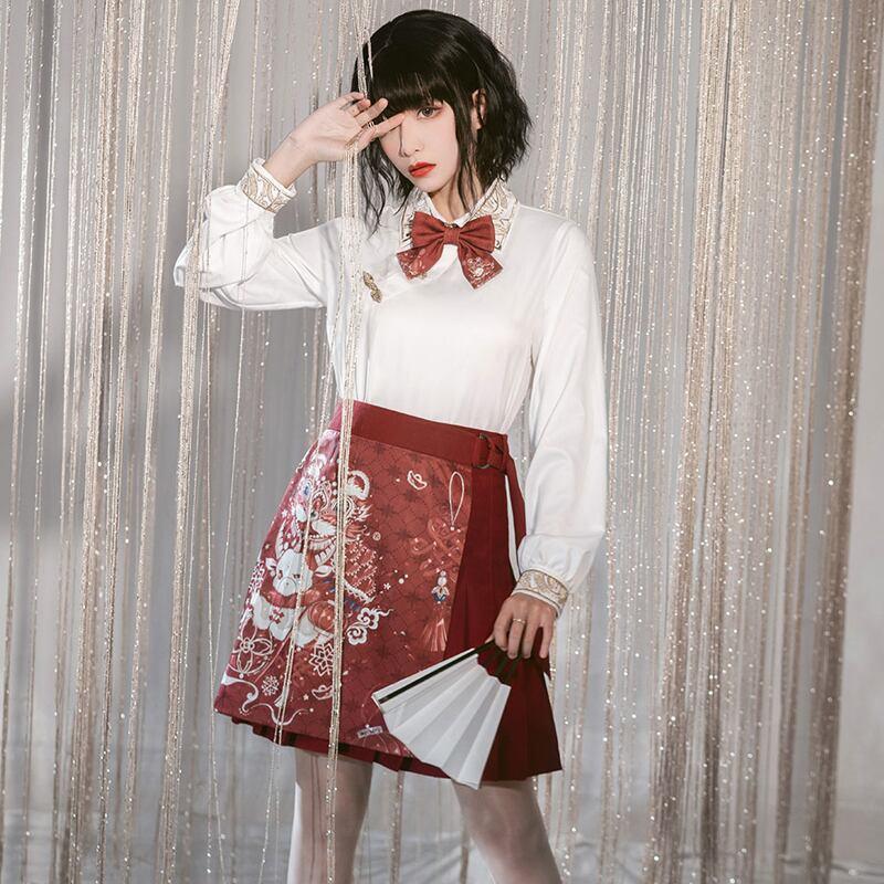 【卿棠シリーズ】★チャイナ風スカート★ ミニスカート プリント Aライン 可愛い レッド 赤い 着痩せ - ChinChic