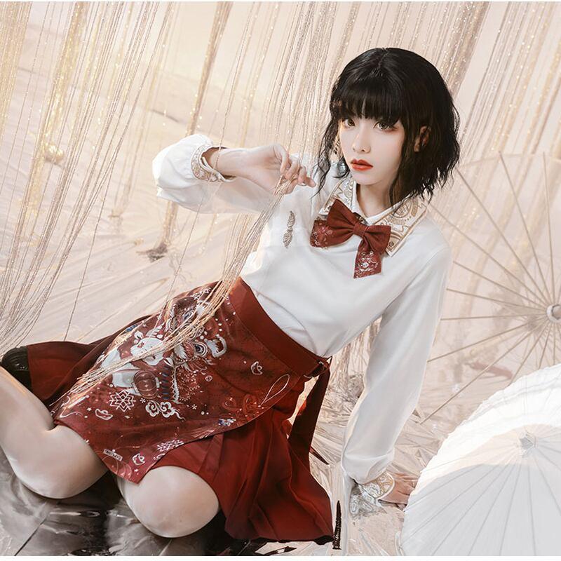 【卿棠シリーズ】★チャイナ風スカート★ ミニスカート プリント Aライン 可愛い レッド 赤い 着痩せ - ChinChic
