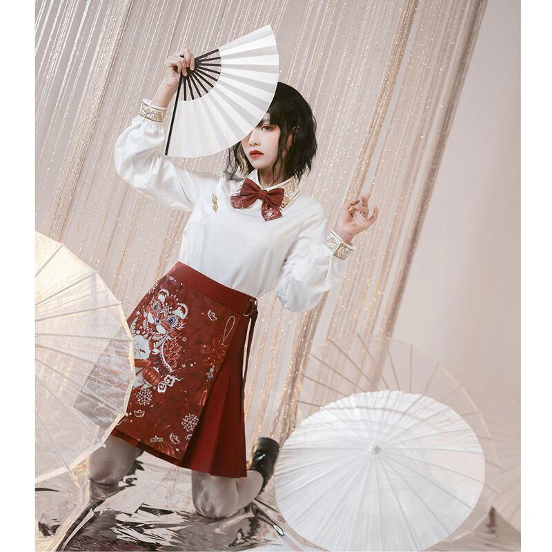 【卿棠シリーズ】★チャイナ風スカート★ ミニスカート プリント Aライン 可愛い レッド 赤い 着痩せ - ChinChic