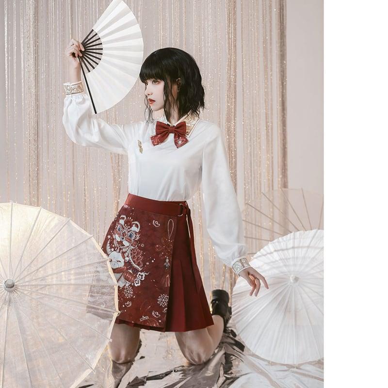 【卿棠シリーズ】★チャイナ風スカート★ ミニスカート プリント Aライン 可愛い レッド 赤い 着痩せ - ChinChic