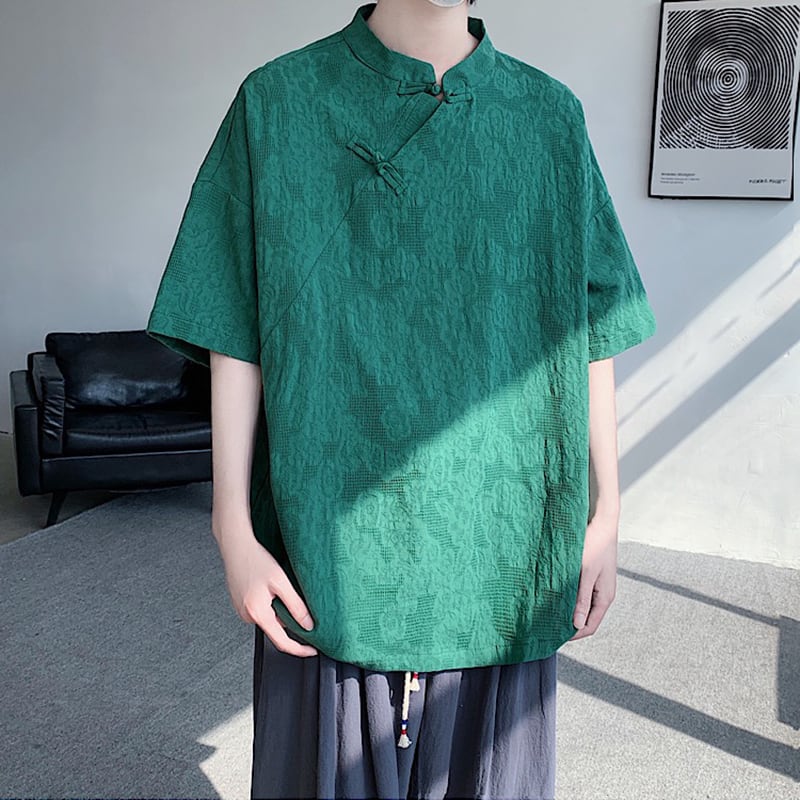 【TIANYIシリーズ】チャイナ風トップス 半袖シャツ 男女兼用 大きいサイズ 3色展開 緑 黒 白