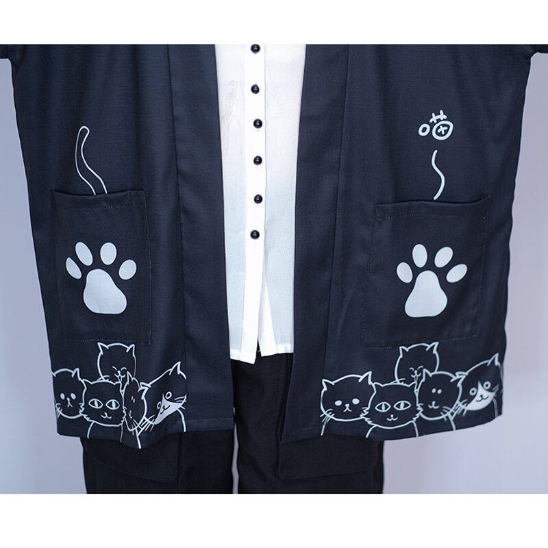 【倉寶兒屋シリーズ】チャイナ風法被 猫柄プリント 夏服 薄手 ブラック ライトグレー 2色