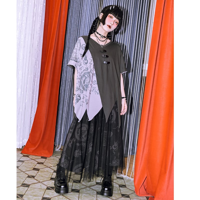 【古怪舍---清心訣シリーズ】★チャイナ風トップス★ 半袖 Tシャツ 個性的 オリジナル 不規則 コットン プリント