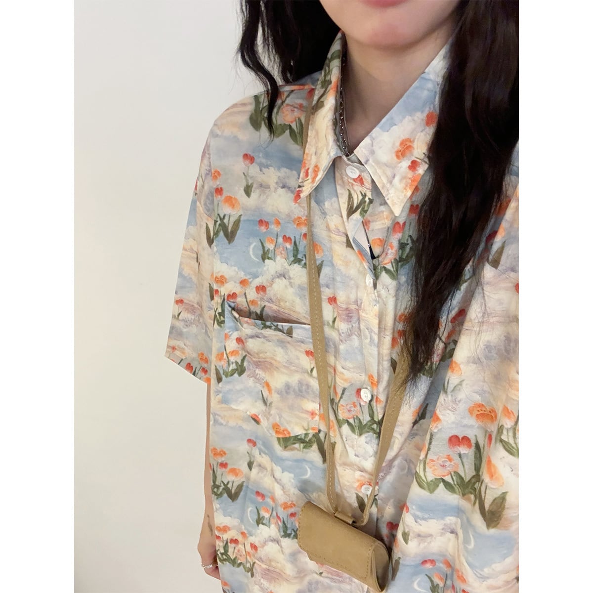 【UATONLINEシリーズ】半袖花柄アロハシャツ 男女兼用 メンズカジュアル 夏服 ートップス アプリコット