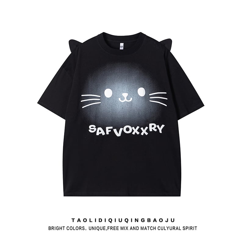 【逃離地球シリーズ】猫耳デザイン 半袖 Tシャツ 2色展開 レディース トップス 可愛い ねこ柄
