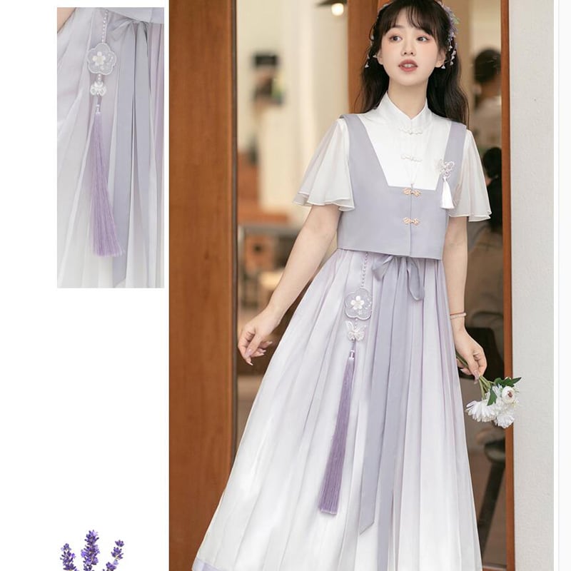 【浥城朝雨シリーズ】チャイナ風 セットアップ 2点セット ワンピース ベスト 改良漢服 半袖 可愛い