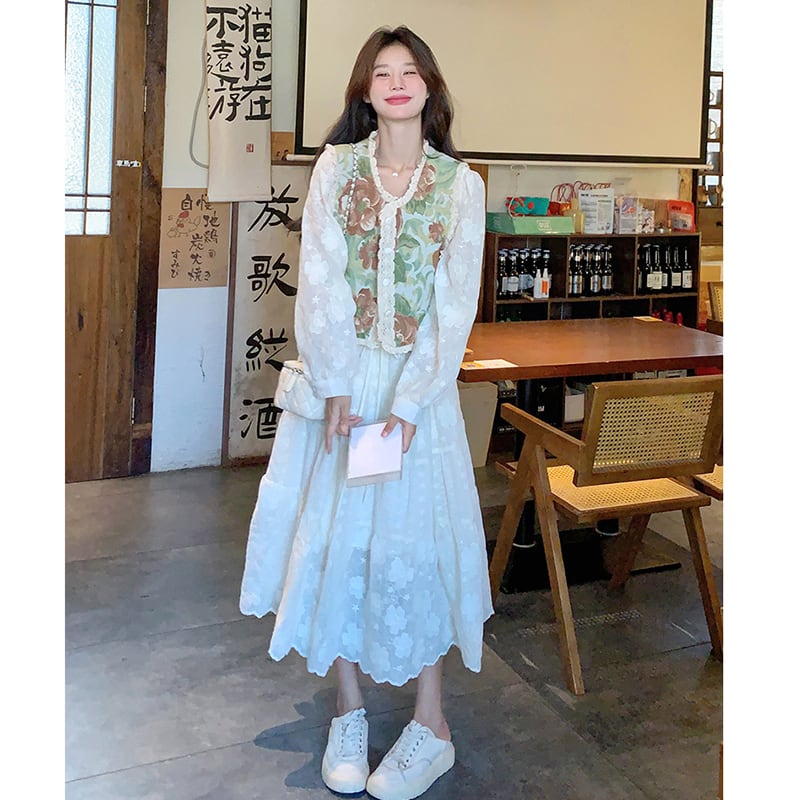 【MOBAIシリーズ】チャイナ風ワンピース 2点セット ワンピース&ベスト 花柄 レディース デート用 可愛い