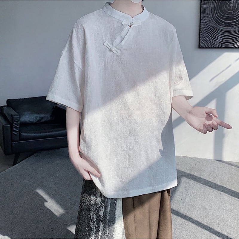 【TIANYIシリーズ】チャイナ風トップス 半袖シャツ 男女兼用 大きいサイズ 3色展開 緑 黒 白