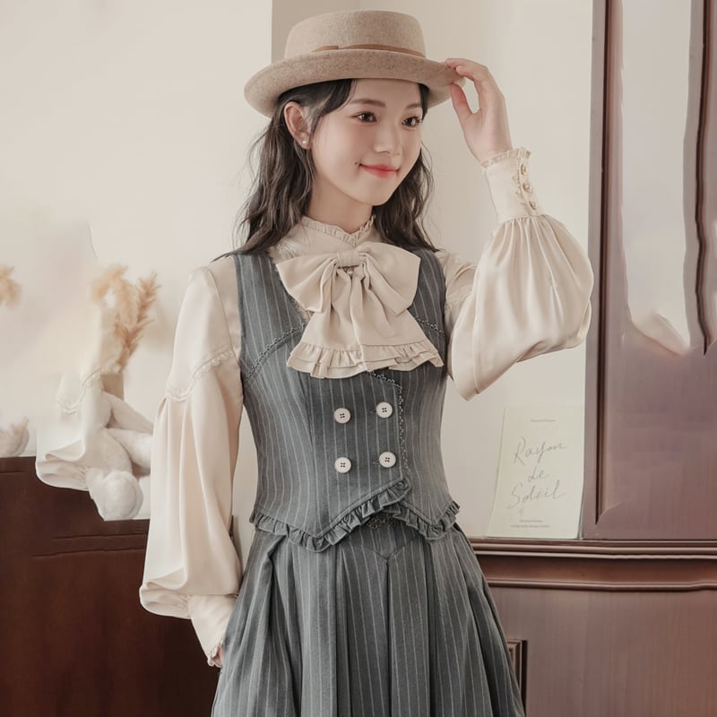 【南陌森シリーズ】リボン付き長袖シャツ トップス 可愛い 気質アップ アプリコット S M L XL