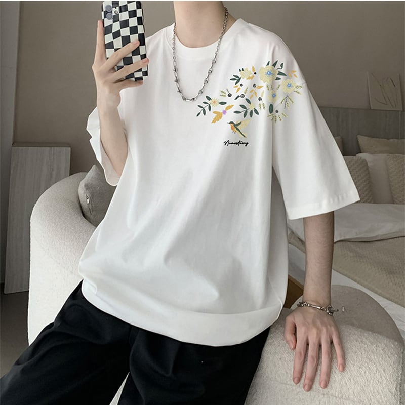 【KADISHOUシリーズ】チャイナ風トップス Tシャツ 半袖 男女兼用 大きいサイズ コットン 鳥 花柄 9色展開