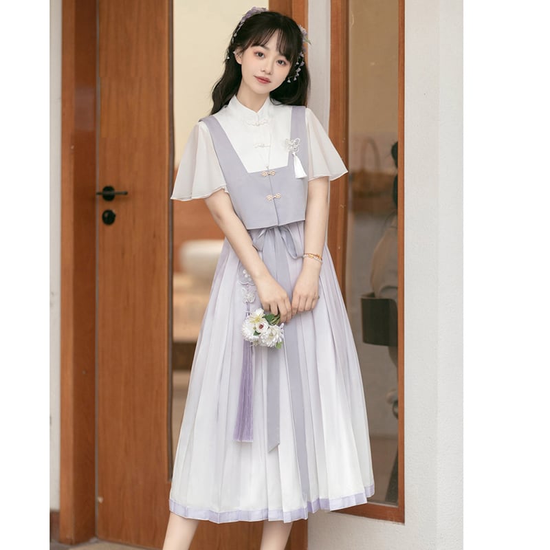 【浥城朝雨シリーズ】チャイナ風 セットアップ 2点セット ワンピース ベスト 改良漢服 半袖 可愛い