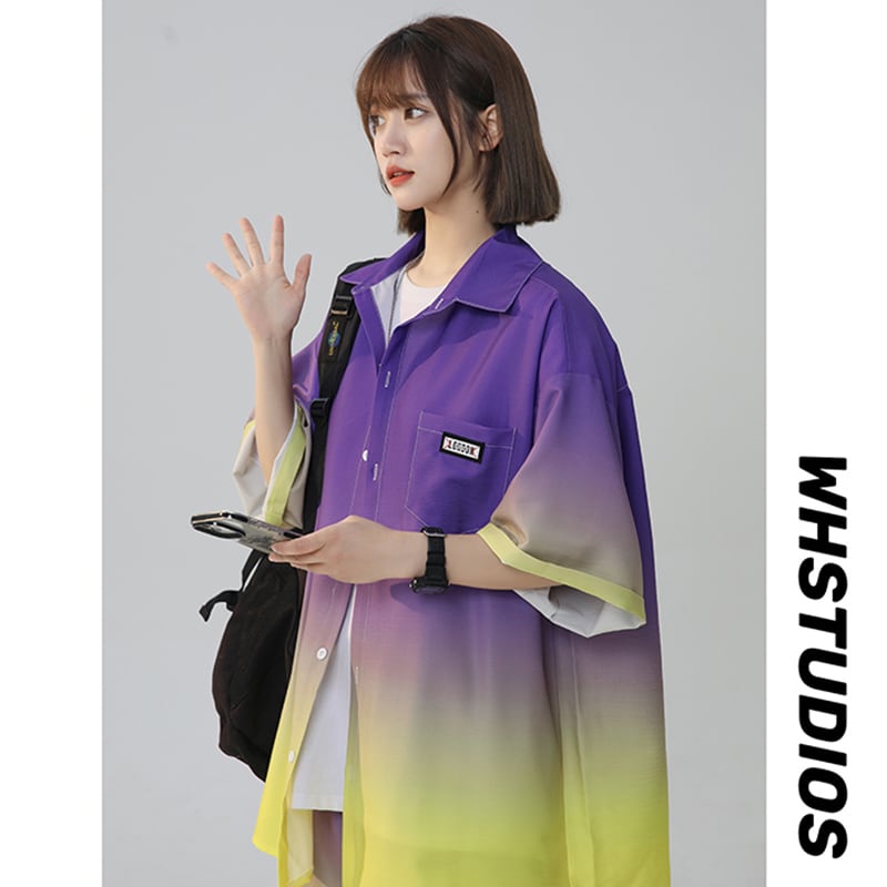 【藤伊曼シリーズ】4色 セットアップ 半袖シャツ + 短パン 男女兼用 大きいサイズ グラデーション