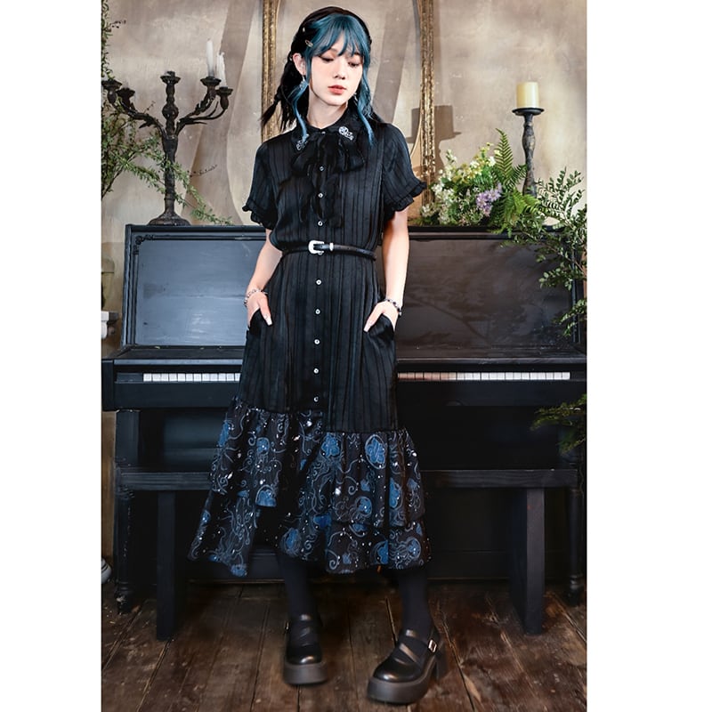 【古怪舍---藍眼淚シリーズ】チャイナ風半袖ワンピース 漢服 切り替えデザイン ブラック