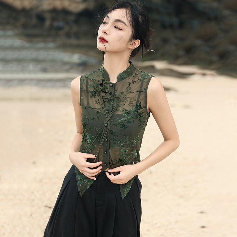 【大青龍肆シリーズ】チャイナ風トップス Tシャツ ショート丈 ノースリーブ グリーン 気質アップ 不規則デザイン