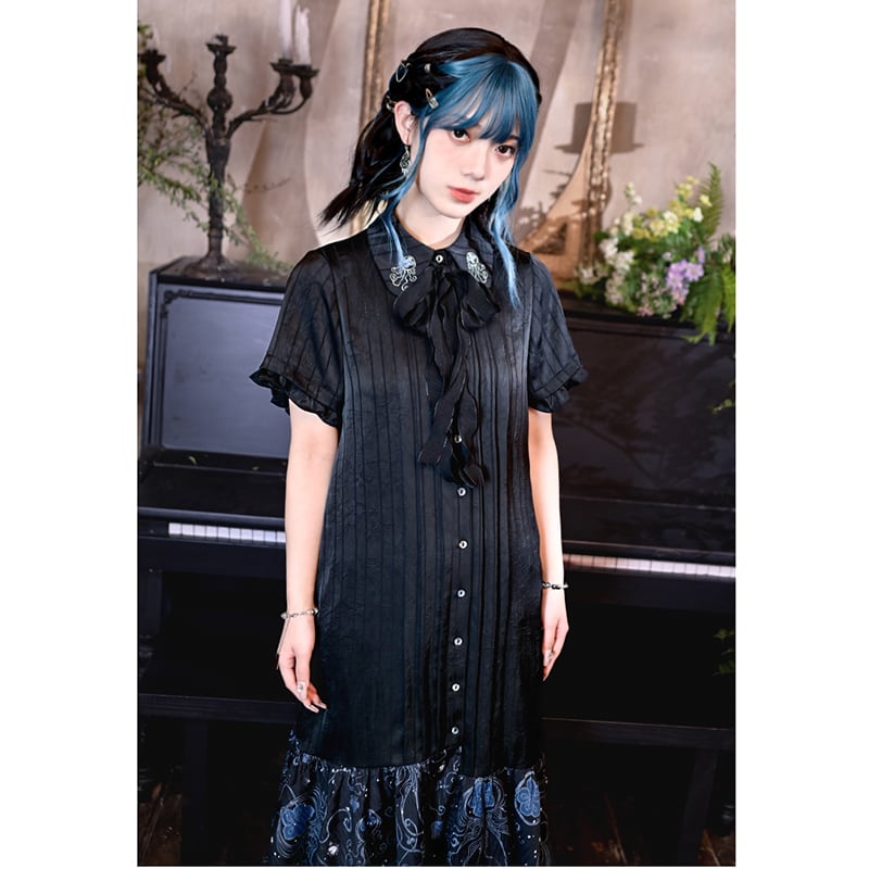 【古怪舍---藍眼淚シリーズ】チャイナ風半袖ワンピース 漢服 切り替えデザイン ブラック